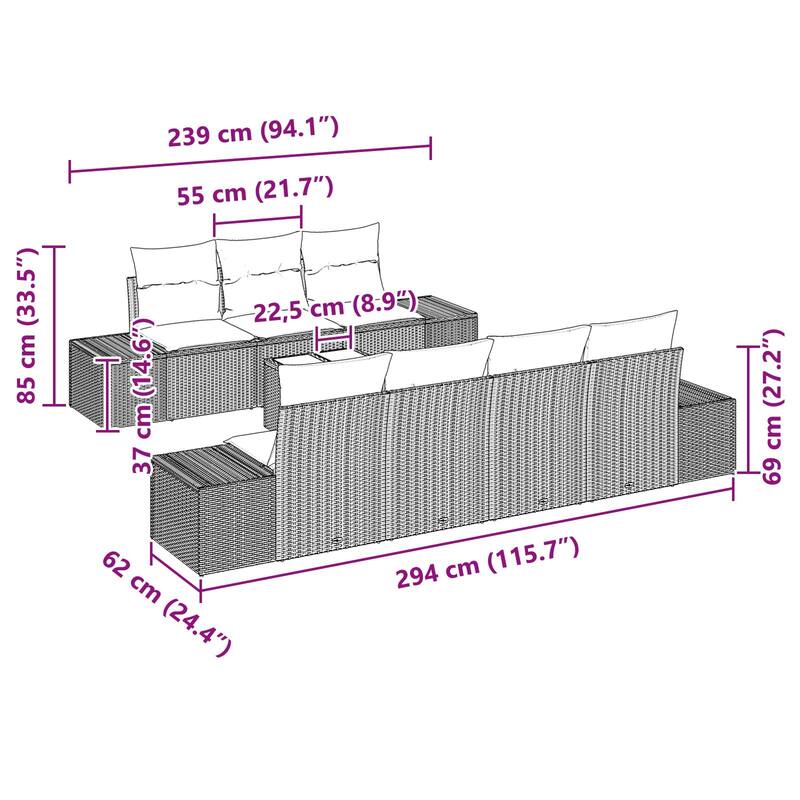 vidaXL 8 Piece Garden Sofa Set with Cushions - 115.7×24.4×27.2