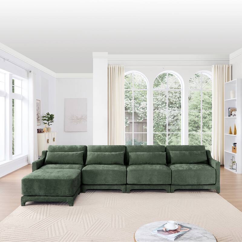 141.7" Chenille Modular 4-Seater Sofa with Ottoman & Ergonomic Wood Base
