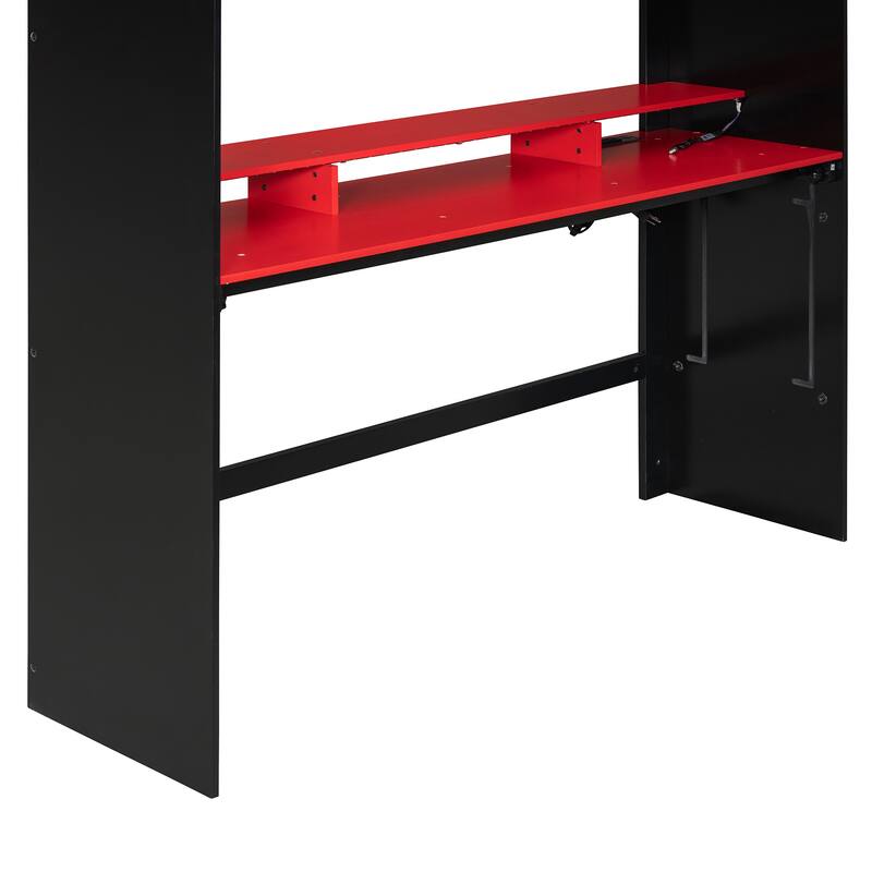 Full Size Wood Bunk Bed with height-adjustable Desk,Wardrobe,Ample Storage Space,and RGB Light