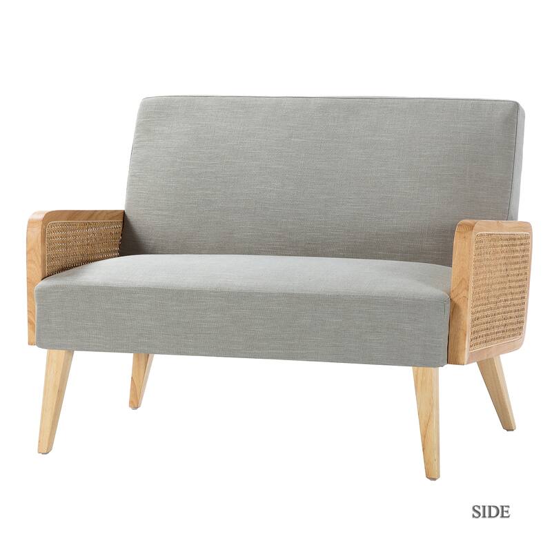 Sybil 43" Contemporary Solid Wood Upholstered Handcrafted Loveseat with Rattan Arms by HULALA HOME