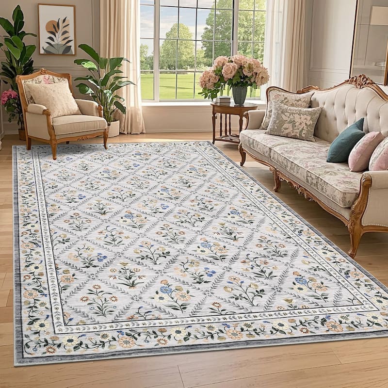 Floral Area Rugs for Living Room Bedroom Soft Farmhouse Washable Rug Non-Slip Low Pile Accent Carpet - 10'x13' - Gray