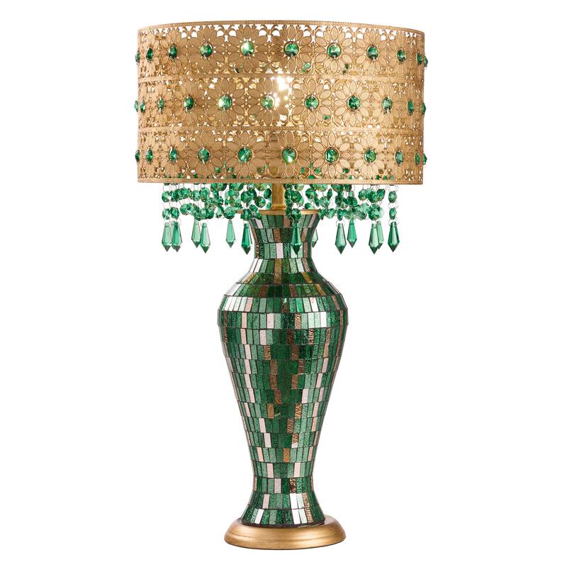 Bridget River of Goods Green and Gold Glass and Metal Drum Shade 25-Inch Table Lamp - 13.75" x 13.75" x 25" - Green/Gold - 13.75" x 13.75" x 25"