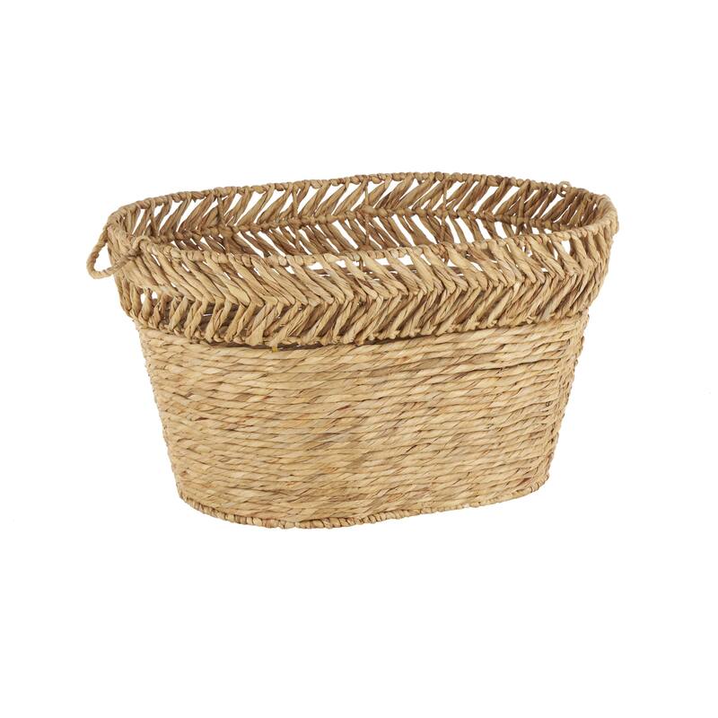 Brown Seagrass Handmade Large Woven Oval Decorative and Functional Storage Basket with Zig Zag Patterned Rim