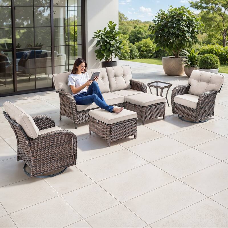 Gymojoy 6-Piece Outdoor Wicker Patio Furniture Set, 5" Thick Cushioned Rattan Set with Swivel Chairs & Ottomans
