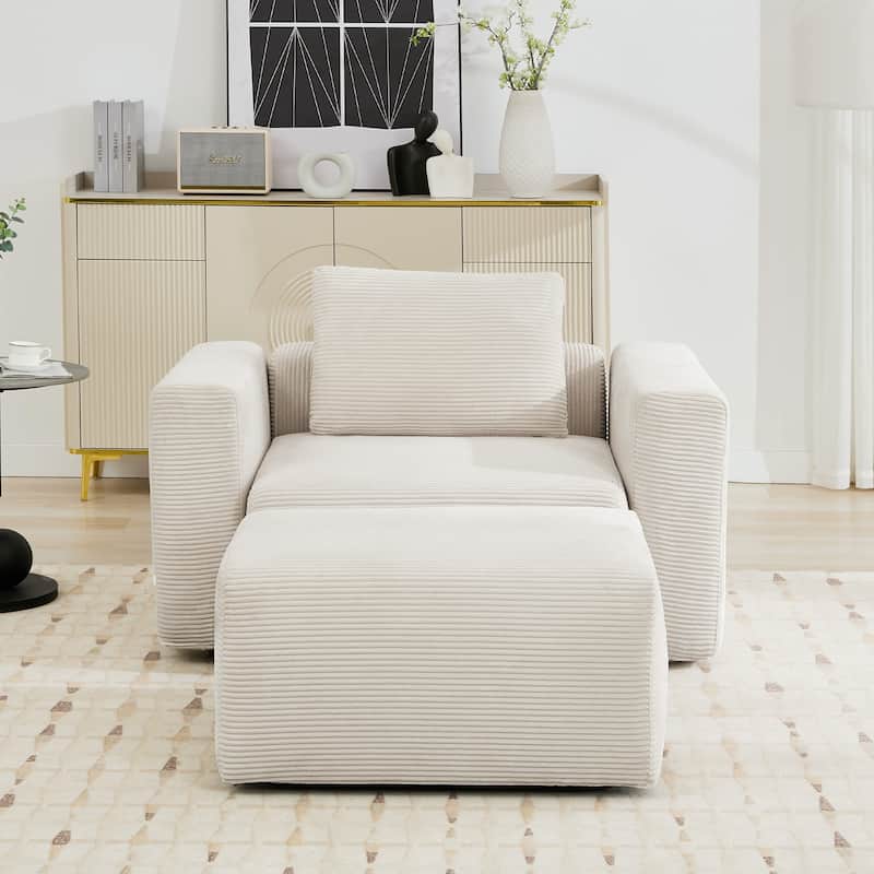 Corduroy Sectional Modular Sofa with Square Arms & Ottoman Extension for Flexible Arrangements