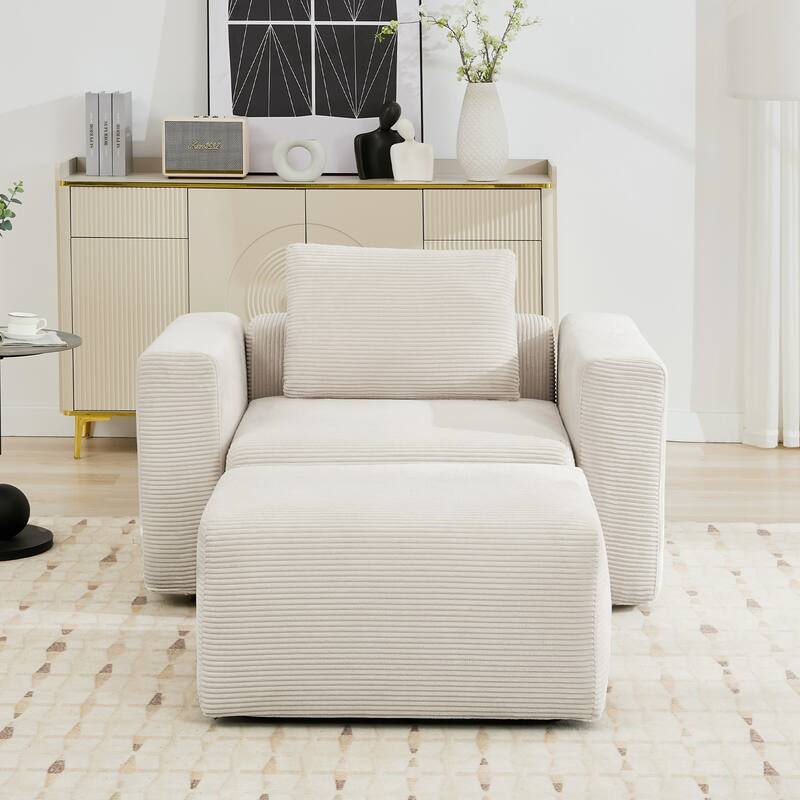Corduroy Single Sofa Chair with a Large Ottoman, Square Arms & Ottoman Extension