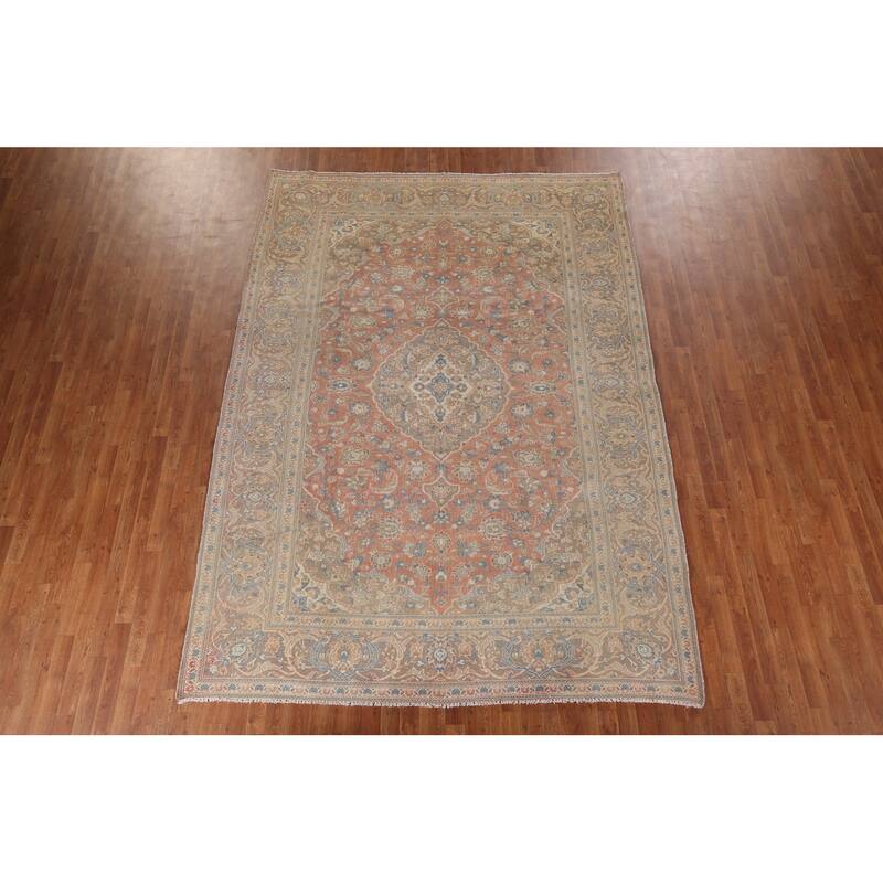 Traditional Mashad Vintage Persian Rug Bedroom Handmade Wool Carpet - 7'10" x 11'0"