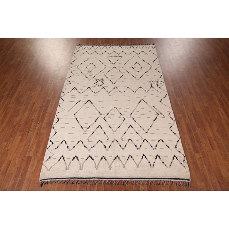 All-Over Ivory Moroccan Area Rug Handmade Wool Carpet - 6'1"x 9'11"