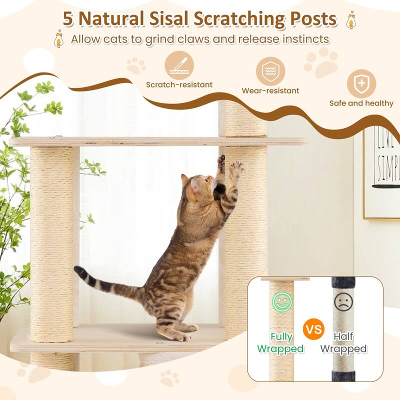 Gymax 63'' Tall Wooden Cat Tree w/2-Story Condo Plush Padded Top Perch