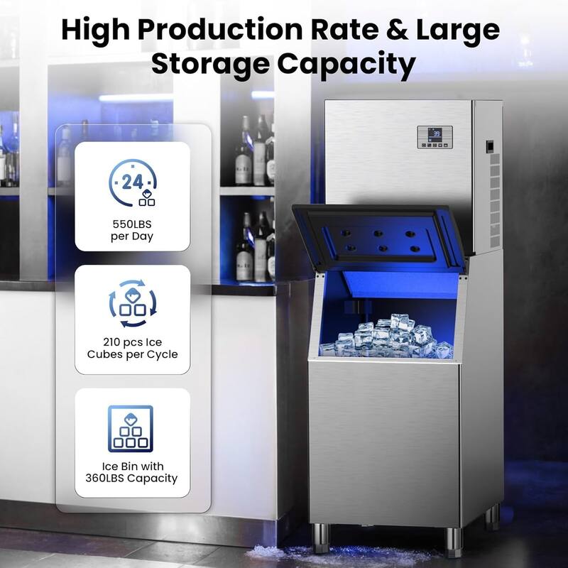 Commercial Ice Machine Industrial 550LBS/1 Day Ice Maker with 350 Storage Bin - 210-ice-grids