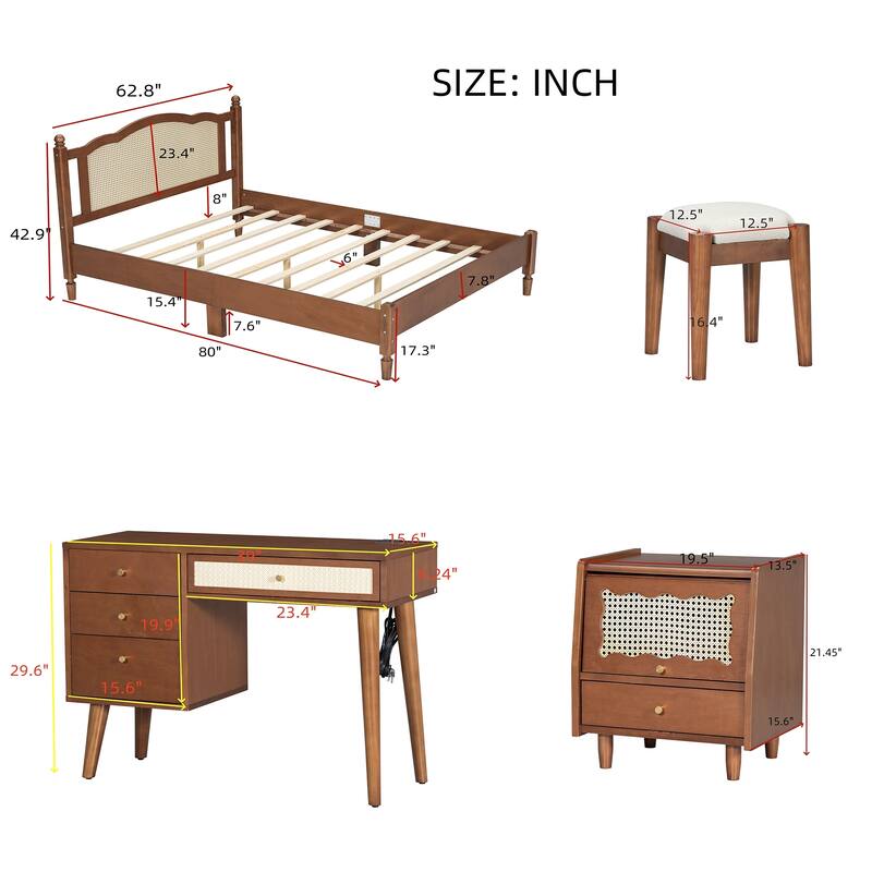 Wooden Platform Bed with Rattan Headboard Curved Wingback Bed Vintage Bed Frame Wood Slat Support Bed with Underbed Storage