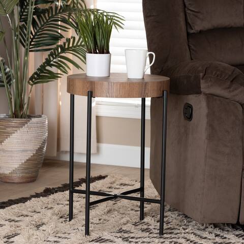 Savion Modern Industrial Walnut Brown Finished Wood and Black Metal End Table