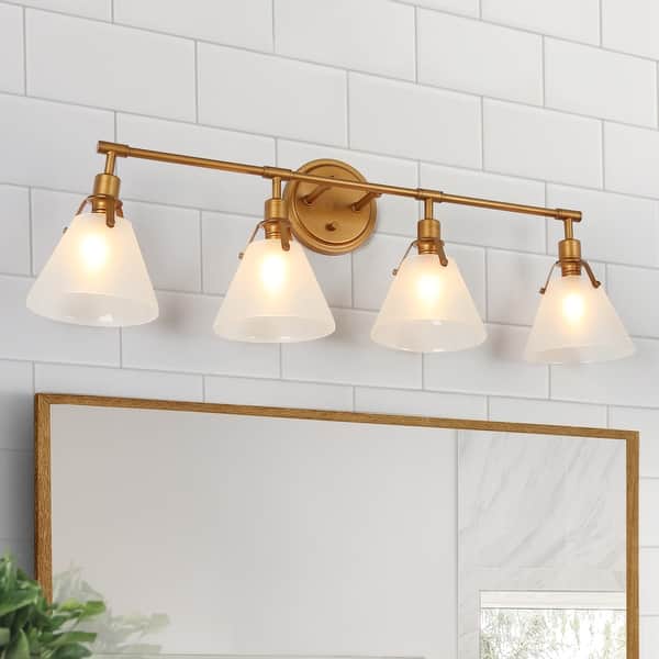 slide 2 of 11, Coney Modern Gold 4-Light Cone Glass Bathroom Vanity Lights Wall Sconces - Antique Brushed Gold - 31.5'' L x 6.7'' W x 10.6'' H