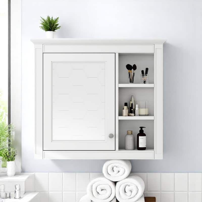 Modern Wall-Mounted Medicine Cabinet with Mirror and Open Shelves, 30" Bathroom Storage Cabinet - White