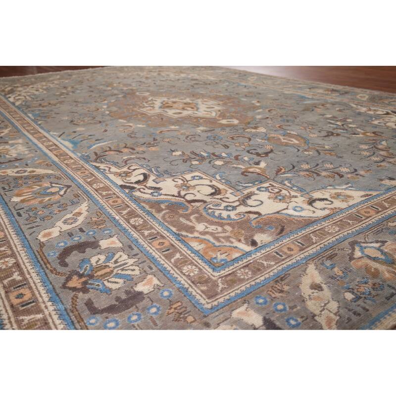 Gray Distressed Tabriz Vintage Persian Area Rug Handmade Wool Carpet - 7'7" x 11'2"