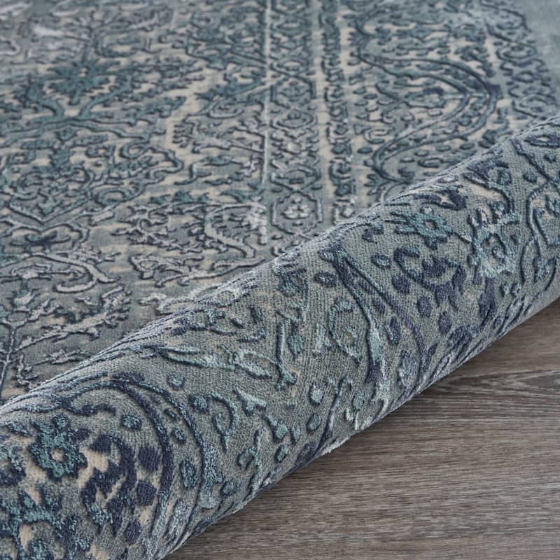 Sevita Carved Transitional Damask Polyester Area Rug, Blue and Silver