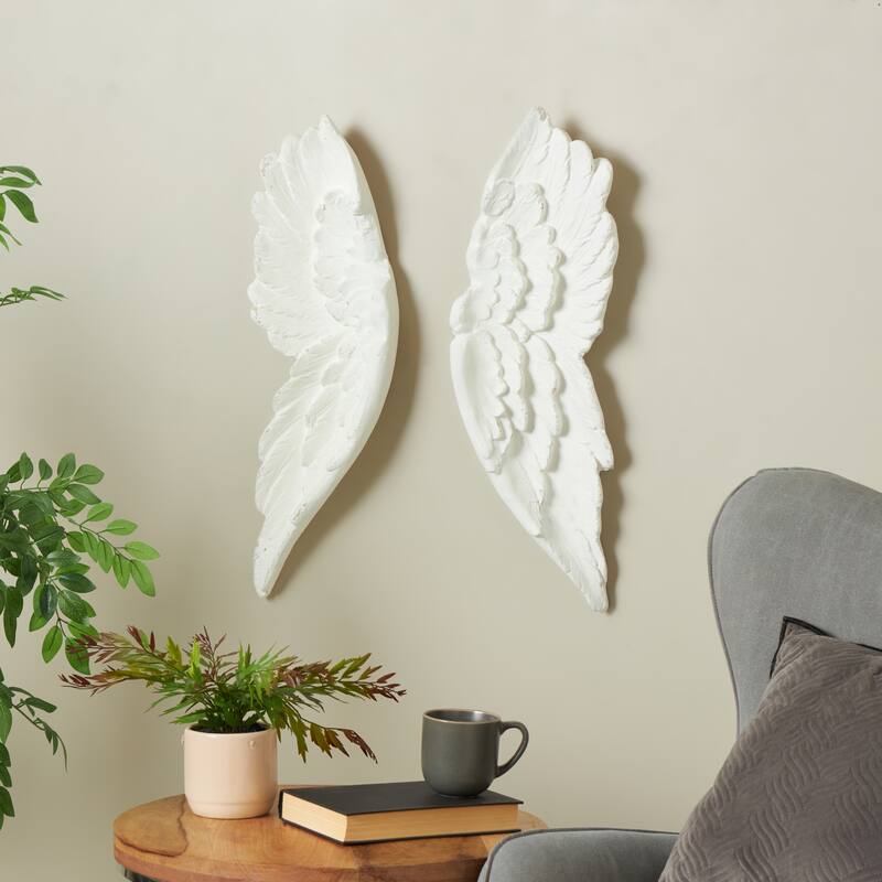 White Magnesium Oxide Carved Wings Bird Home Wall Decor (Set of 2)