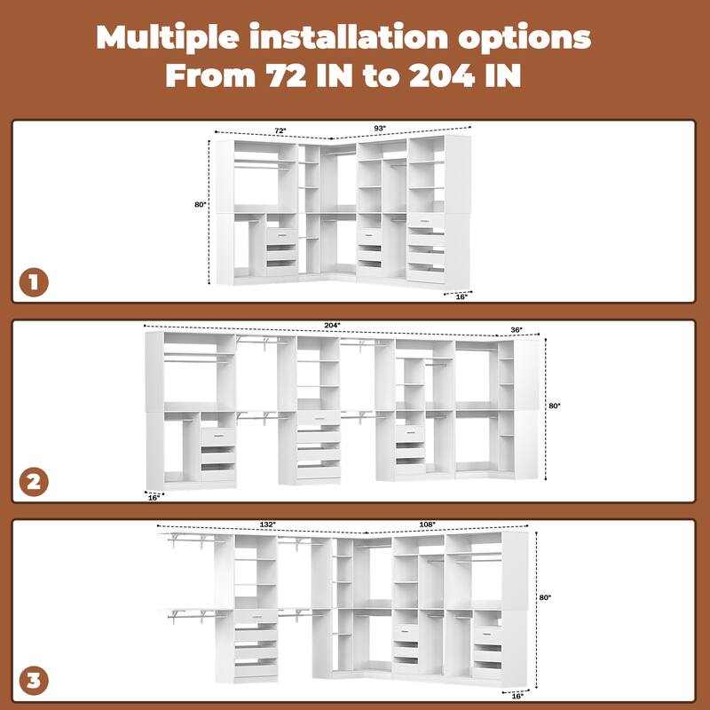 Qvella 72''-204'' Corner Closet System with 10 Wooden Drawers and 10 Hanging Rods, Walk-in Closet Organizer Wardrobe Rack