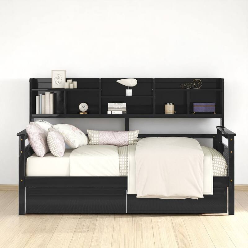 Wooden Twin/Full Daybed with 2 Storage Drawers and Bedside Shelves, No Box Spring Needed, Modern Design