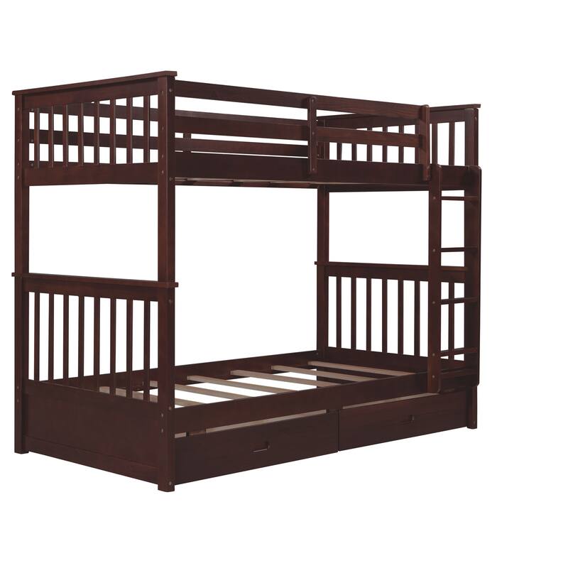Twin Over Twin Bunk Bed Convertible 2 Platform Beds, Wooden Panel Bed with Ladder, Guardrail and 2 Drawers