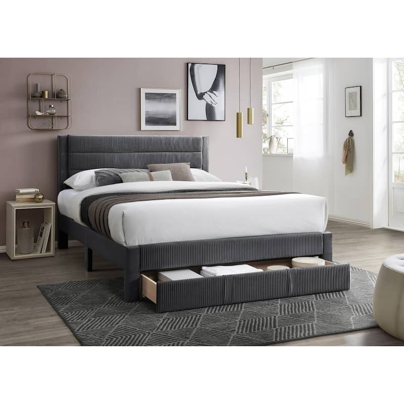 Queen Size Corduroy Platform Bed with Storage Drawer and Channel-Tufted Headboard and Contemporary Design