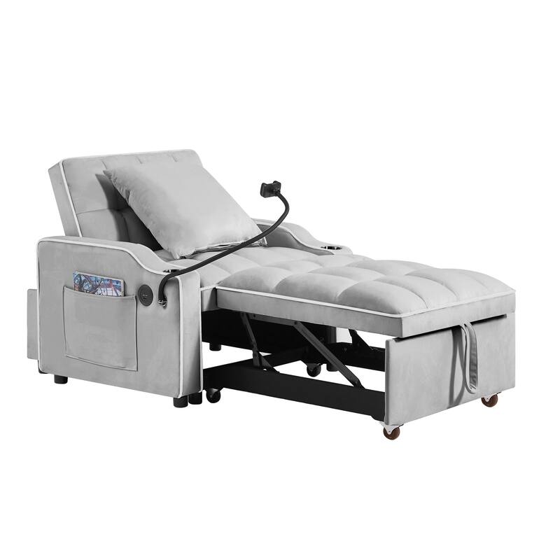 Convertible Sleeper Chair Sofa Bed Adjustable Pull Out Sleeper Chair Bed Multi-Pockets Folding Sofa Bed,3-in-1 Sofa Bed - Grey