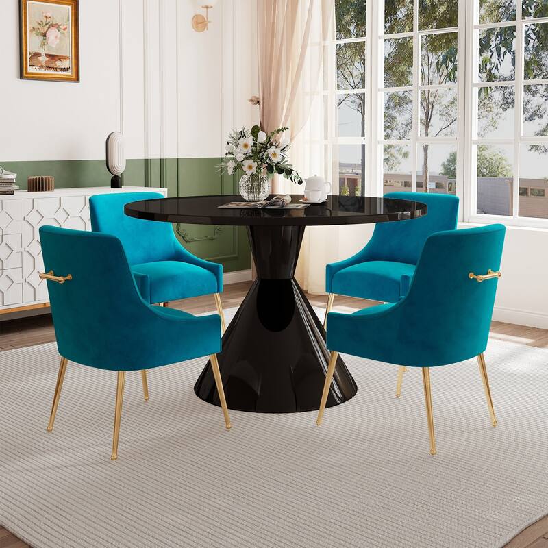 48" Light Luxury Black High Gloss Large Countertop Dining Table with Velvet Dining Chair Set