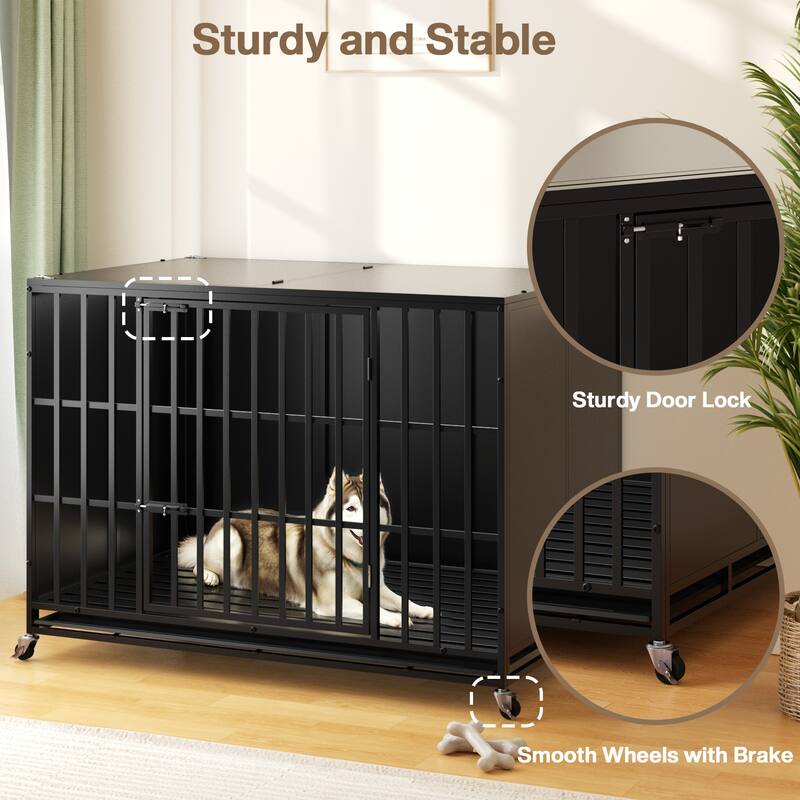 BOSSIN 48/42 inch Heavy Duty Steel Dog Crate Kennel with Wheels, Escape-Proof, Removable Tray for Large Dogs, Black
