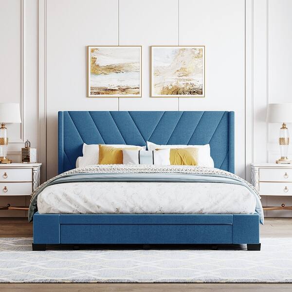slide 2 of 44, Queen Linen Upholstered Platform Bed with Storage Drawers & Headboard Blue - Queen