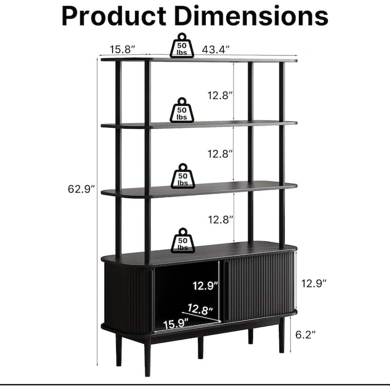 Bookshelf with Sliding Tambour Doors, Mid Century Modern Bookshelf with Storage, Wooden Open Display Shelf