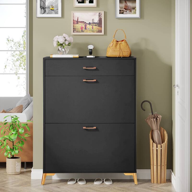 Freestanding Shoe Cabinet for Entryway, with 2 Flip Doors and Drawer - 32'W x 10''D x 43''H - Black