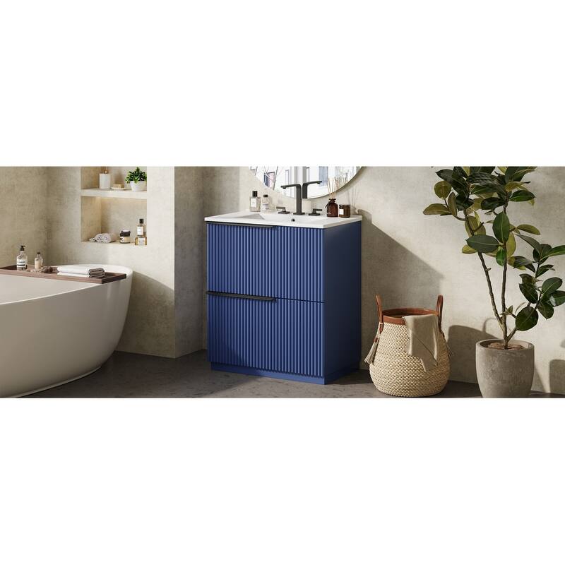 Fluted Bathroom Vanity with Ceramic Sink, Freestanding Vanities Set, Bathroom Storage Cabinet with Full-Extension Drawers