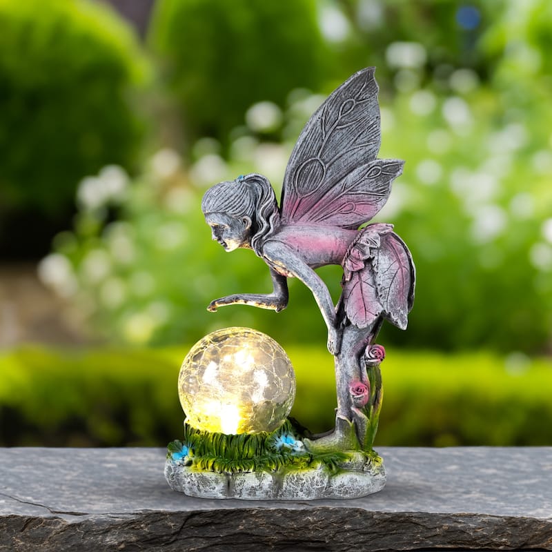 Solar Lighted Fairy with Gazing Ball Outdoor Garden Statue - 11"