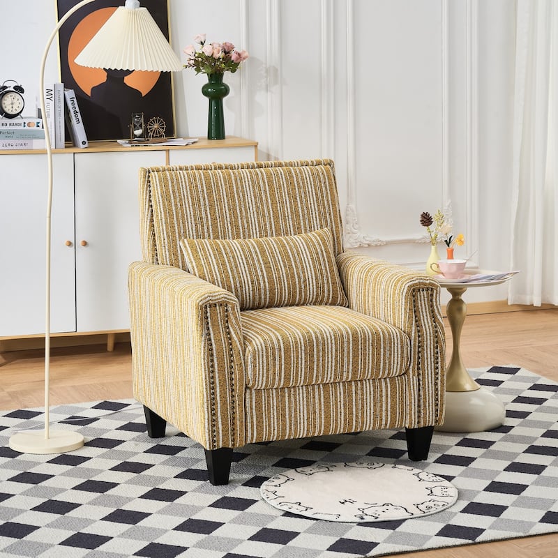 Modern Accent Chair with Arms,Comfy Upholstered Armchair for Living Room,Grey and White Striped Armchair with Nailhead Trim