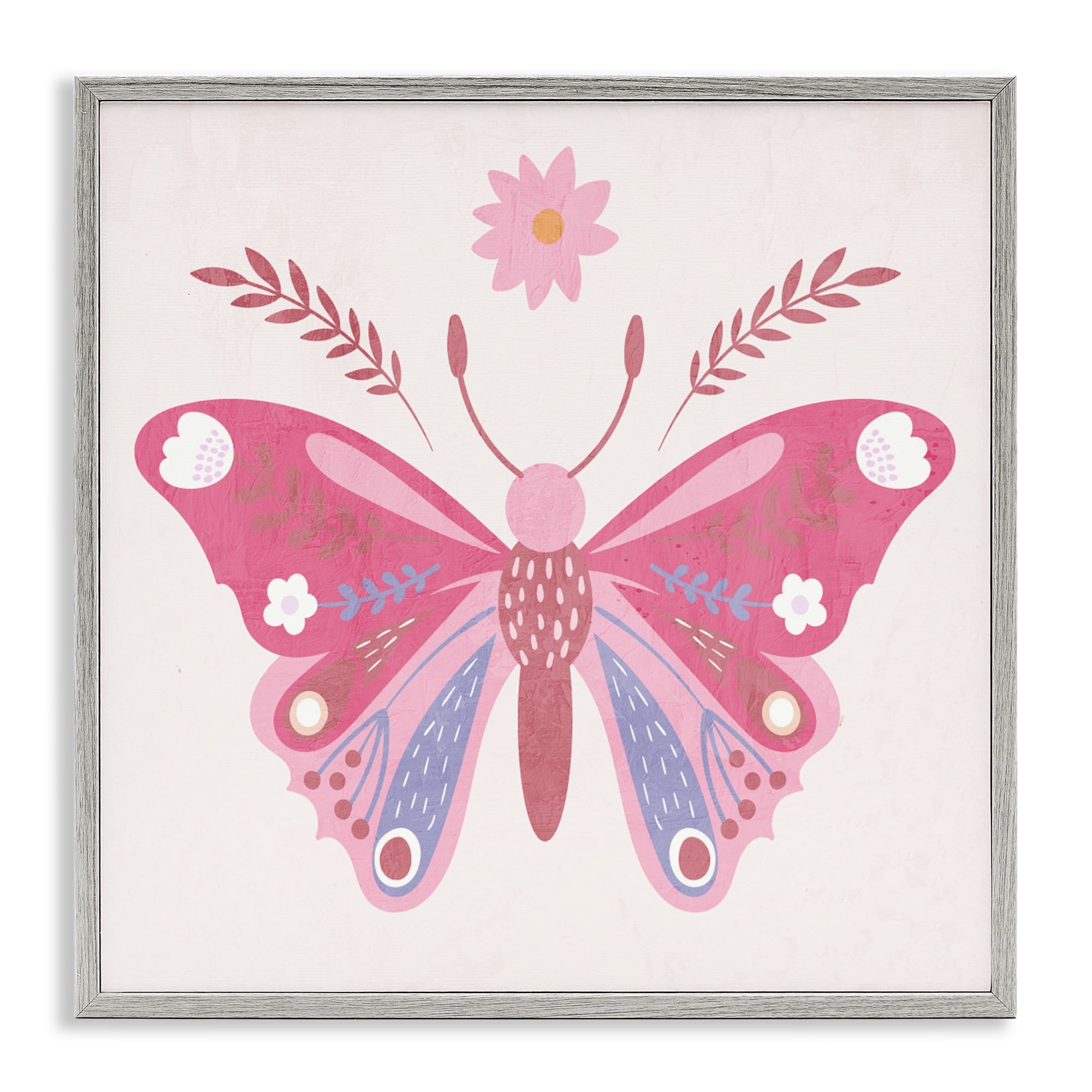 Stupell Folk Butterfly in Pink Framed Giclee Art Design By Kim Allen