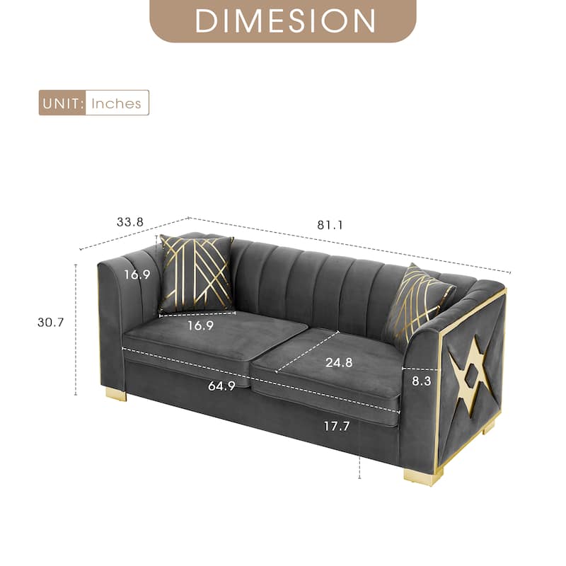 Velvet Chesterfield 3 Seater Sofa, Button Tufted Upholstered Sofa, Lounge Sofa with Stainless Steel Accents & Metal Legs