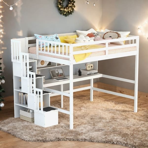 slide 2 of 16, 2 Colors Full Size Loft Bed with Built-in Desk, Bookshelves and Storage Staircase White