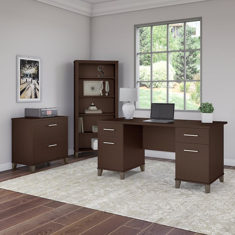 Somerset 60W Office Desk with Cabinet and 5 Shelf Bookcase - Mocha Cherry