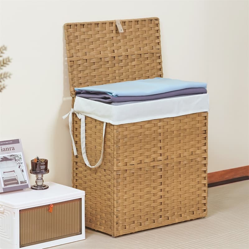 Laundry Hamper with Lid, Synthetic Rattan Clothes Laundry Basket with Lid and Handles, Foldable, Removable Liner