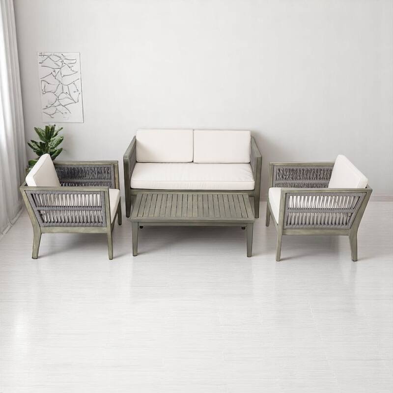 4-Piece Outdoor Patio Furniture Set with Rope Woven Seats,Includes 2 Club Chairs, Loveseat & Table,outdoor Conversation Set