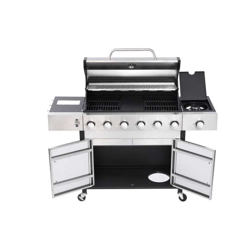 6-Burner Propane Gas Grill with Side Burner & Caster, Outdoor BBQ Grill Stainless with Steel Control Panel for Picnic