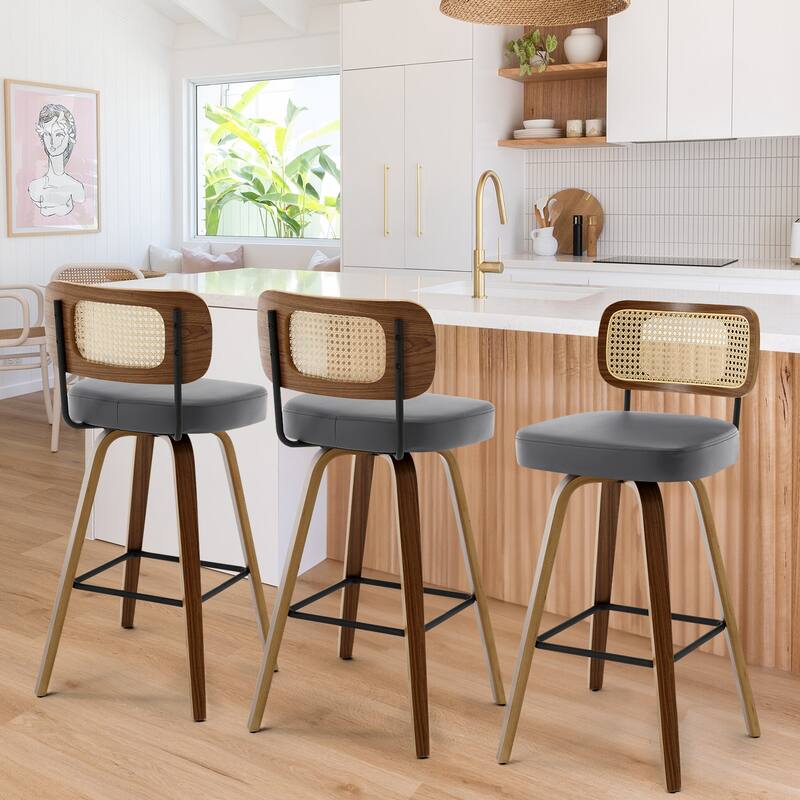 26"/29" Swivel Bar Stools/ Counter Stools with Bentwood Legs - Set of 3 - Grey-Rattan Back - Counter Height