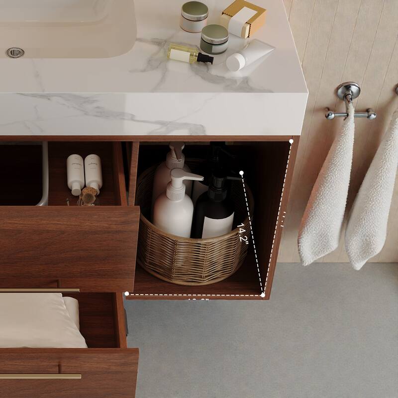 39.4" Floating Bathroom Vanity with Ceramic Sink, White Sintered Stone Top, Wall Mounted Cabinet with 2 Soft-Close Drawers