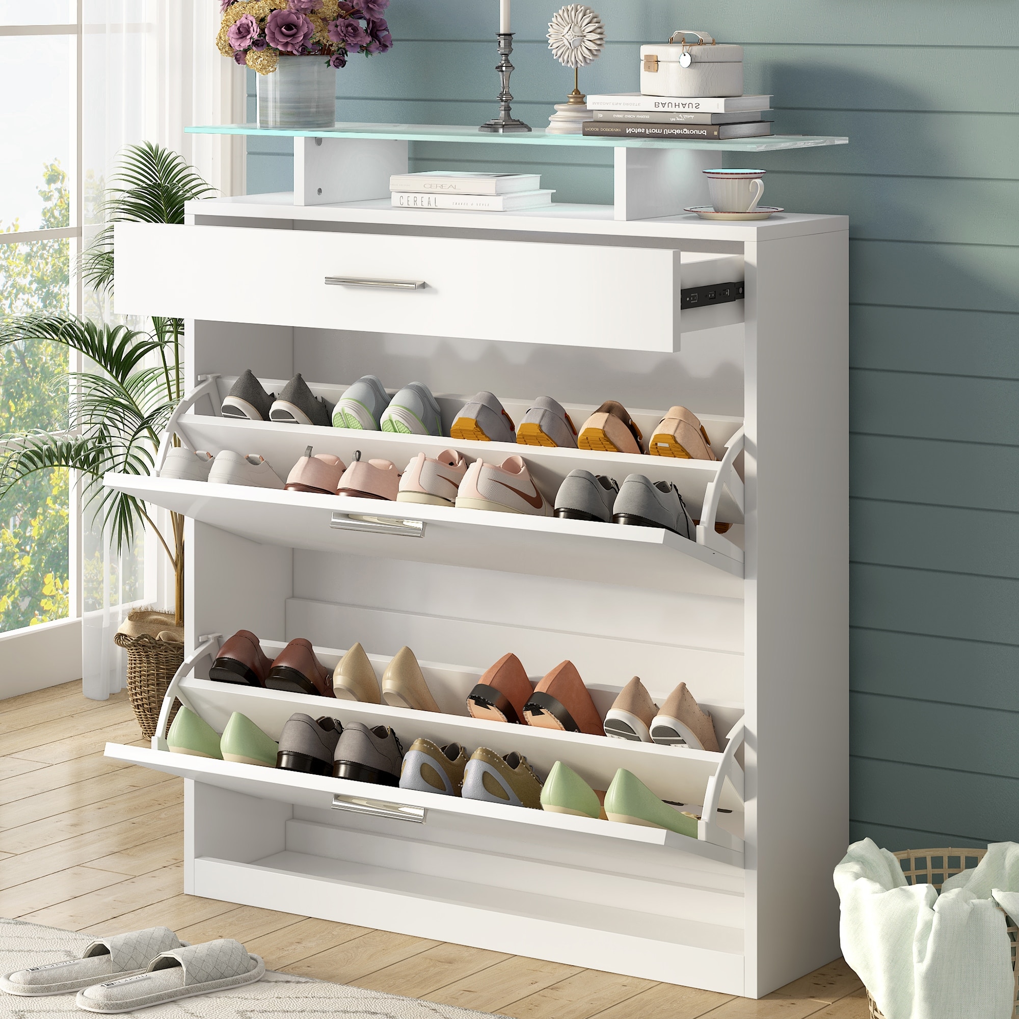 https://ak1.ostkcdn.com/images/products/is/images/direct/7ed8a0ba4df641c474002a7a9e04d44954de2b5d/Free-Standing-Shoe-Rack-with-LED-Light-%26-2-Flip-Drawers%2C-Tempered-Glass-Top-Storage-Cabinet-Slim-Entryway-Organizer-for-Hallway.jpg