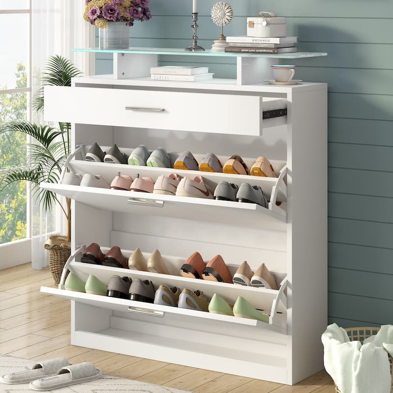Modern Shoe Storage Cabinet with Adjustable Shelves and Flip Drawers for Hallway - White