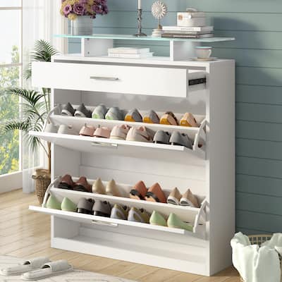 Slim Hidden Shoe Cabinet with 2 Flip Drawers, Tempered Glass Top Shoe Storage Cabinet, Freestanding LED Light Shoe Rack