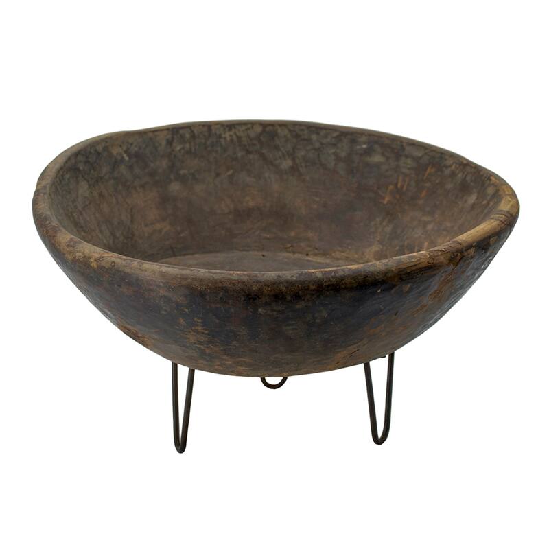 Hand-Carved Wooden Bowl with Metal Hairpin Legs - 20"