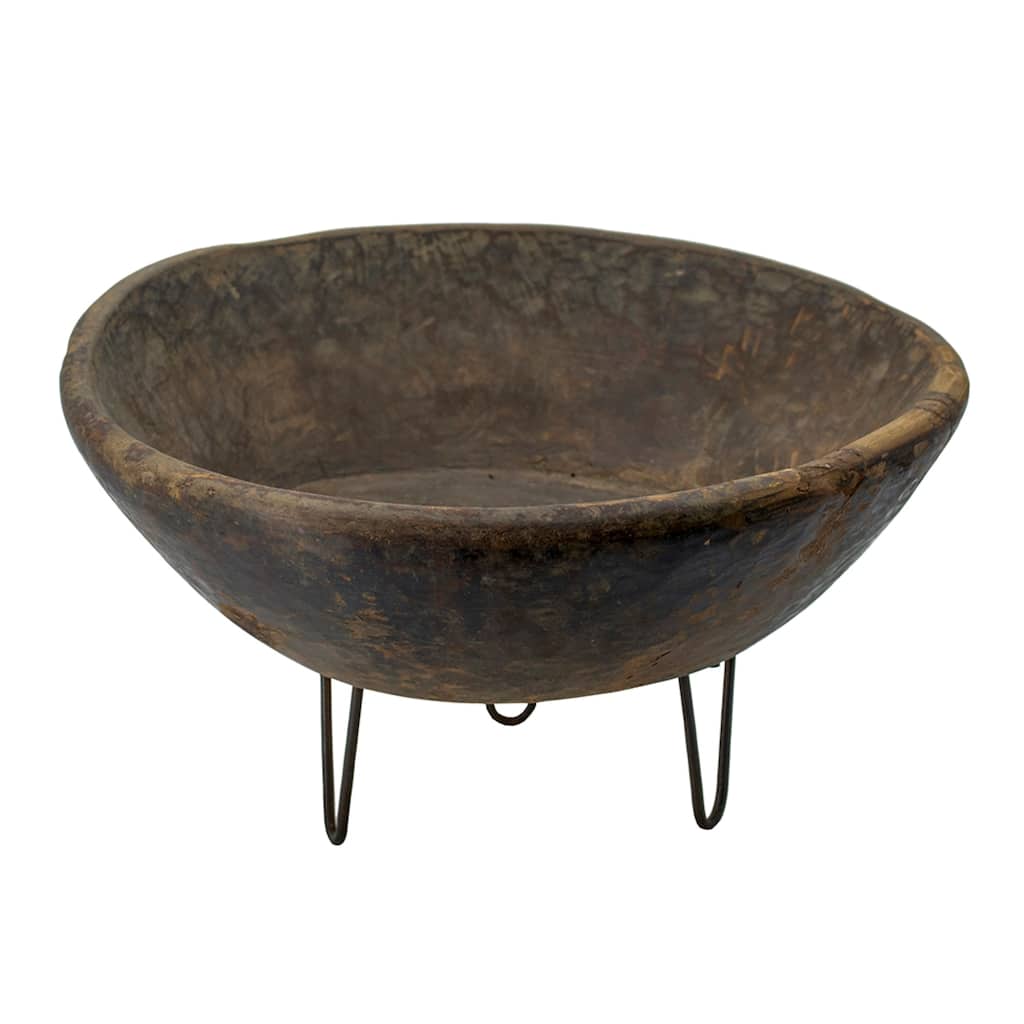 Hand-Carved Wooden Bowl with Metal Hairpin Legs - 20"