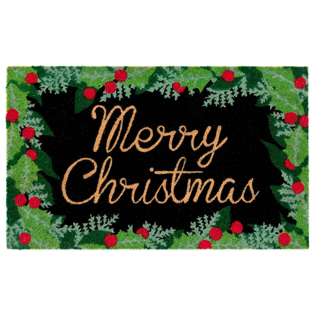 Liora Manne Natura Merry Christmas Holly Outdoor Mat Black 18"x30"
