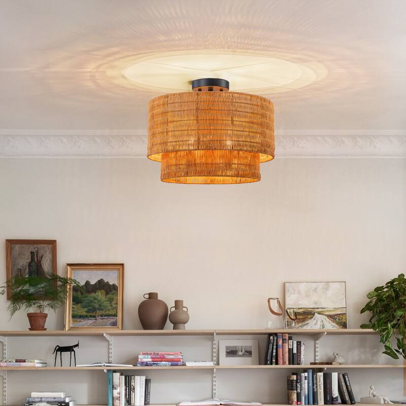 3-Light 2-Tier Natural Rattan Semi Flush Mount Ceiling Light - 15.7
